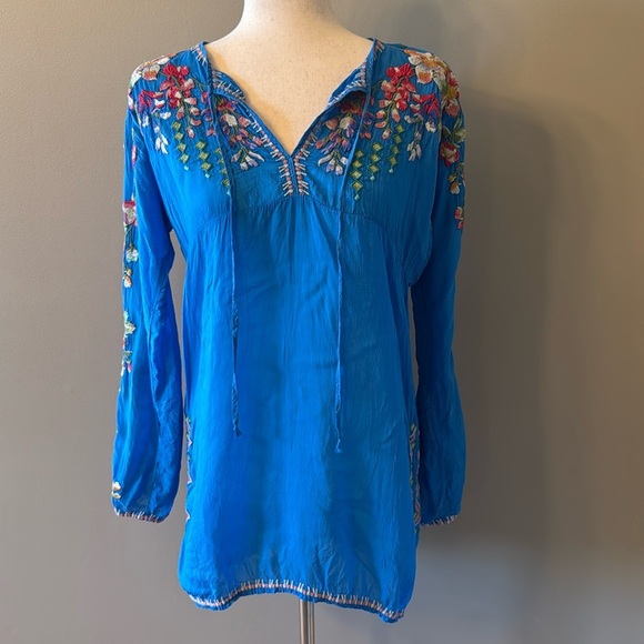 Johnny Was Sheer Blue Floral Embroidered Tie Front Tunic Top - Picture 2 of 14